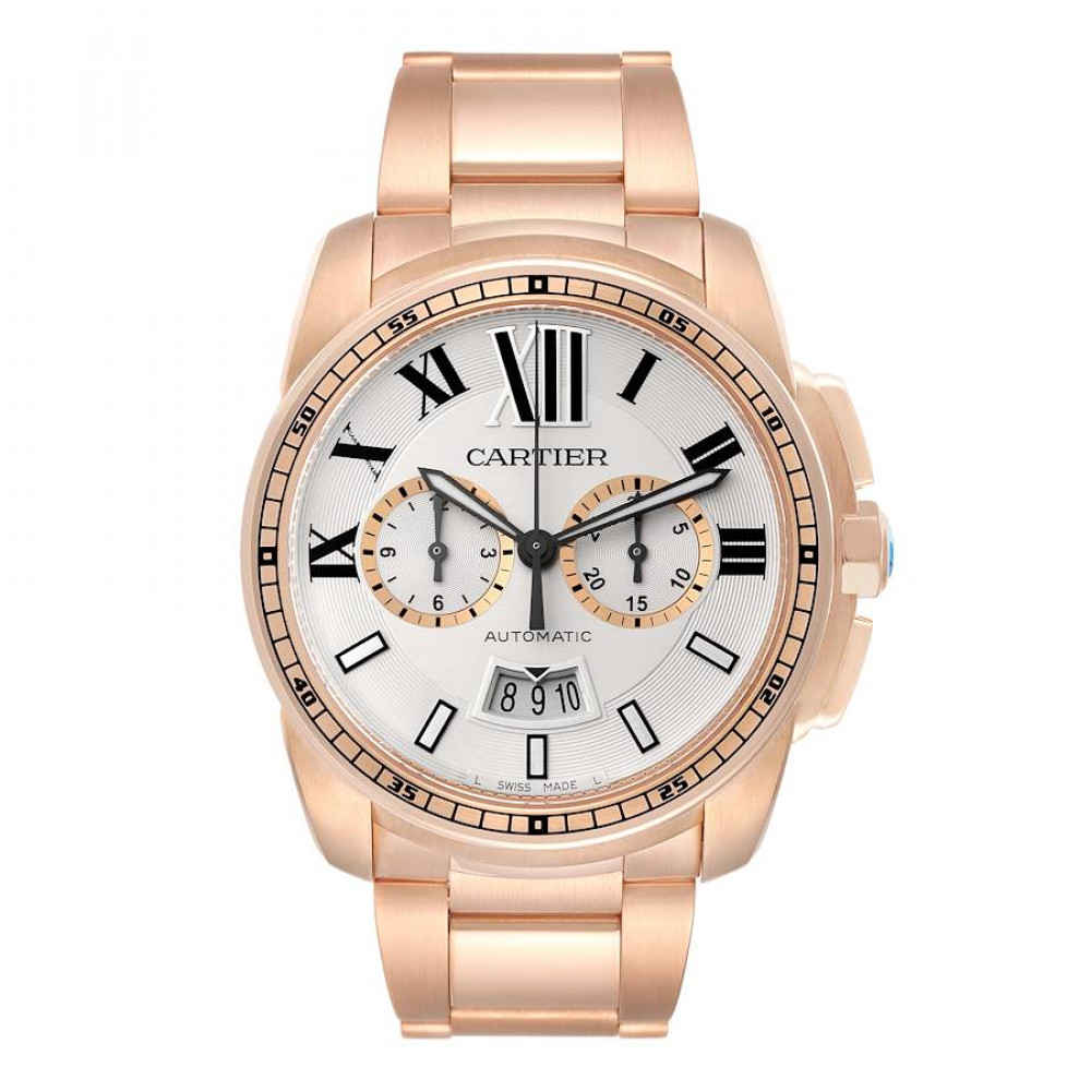 Cartier Calibre Silver Dial Rose Gold Chronograph Mens Watch W7100047