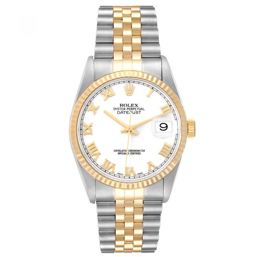 Rolex Datejust White Roman Dial Steel Yellow Gold Mens Watch 16233