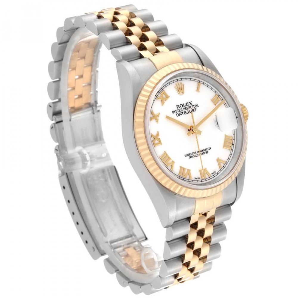 Rolex Datejust White Roman Dial Steel Yellow Gold Mens Watch 16233 Rolex Datejust White Roman Dial Steel Yellow Gold Mens Watch 16233