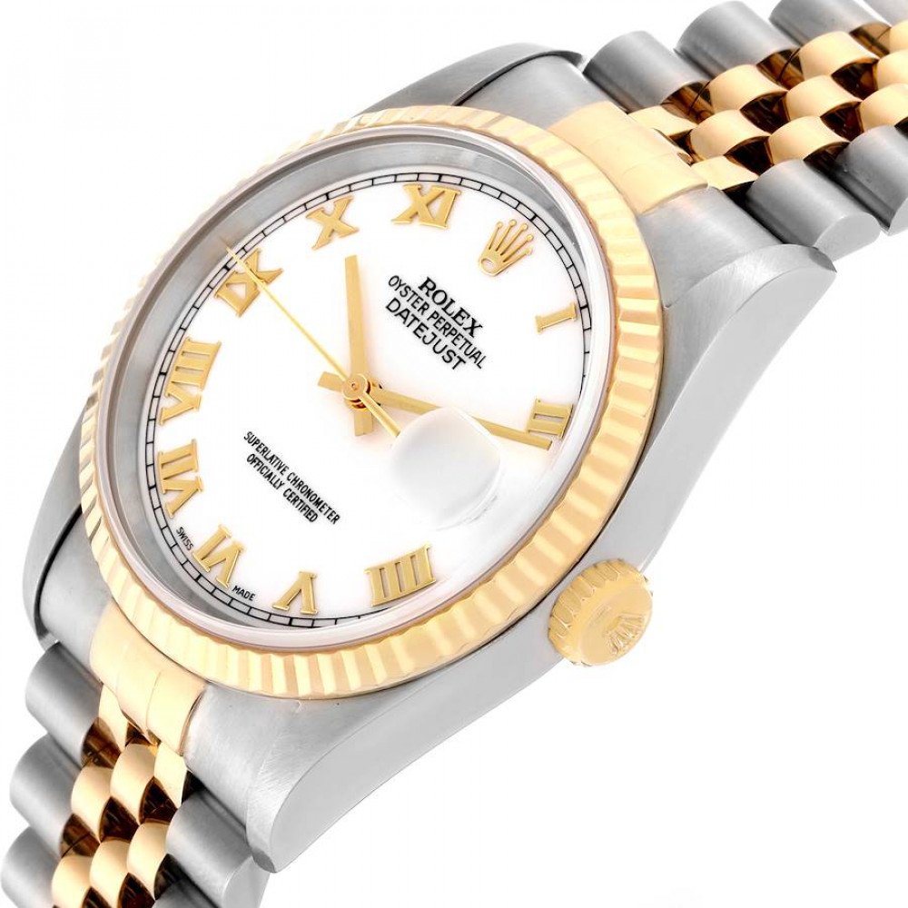 Rolex Datejust White Roman Dial Steel Yellow Gold Mens Watch 16233 Rolex Datejust White Roman Dial Steel Yellow Gold Mens Watch 16233