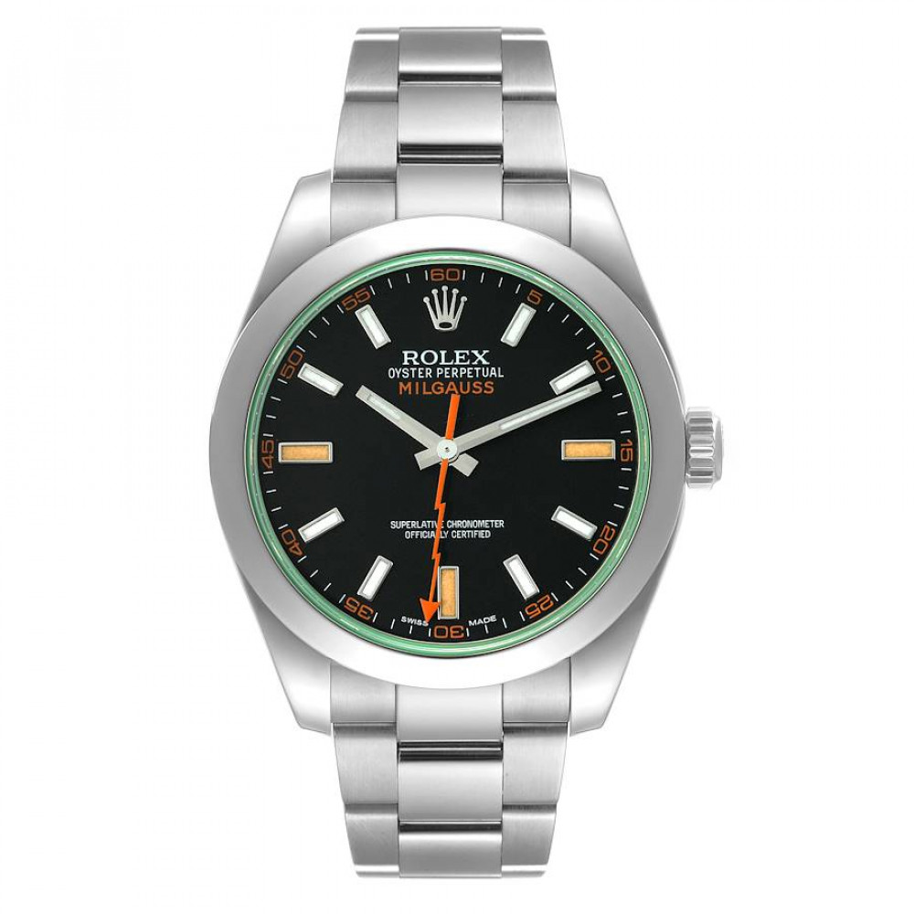 Rolex Milgauss Black Dial Green Crystal Steel Mens Watch 116400