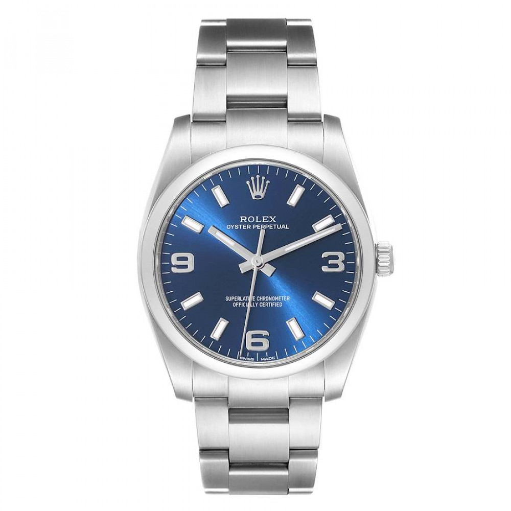 Rolex Oyster Perpetual Blue Dial Smooth Bezel Steel Mens Watch 114200